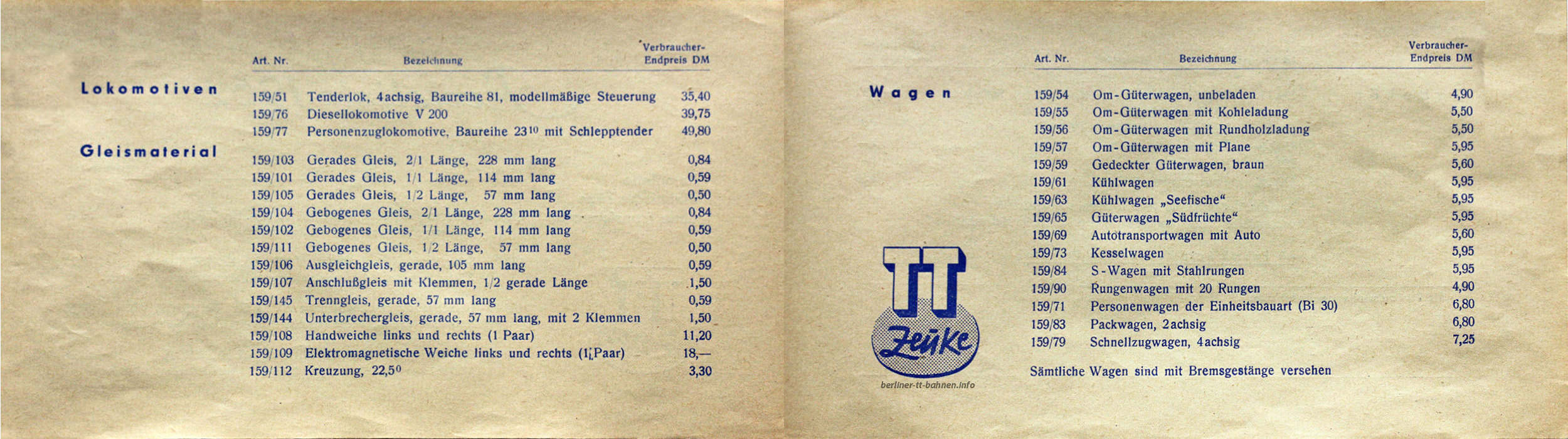 Preisliste zum Katalog 1962 - Innenseite