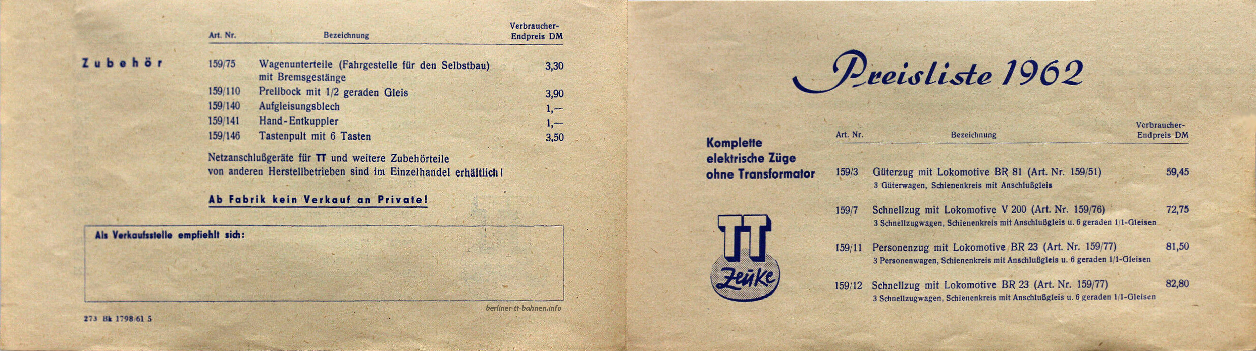 Preisliste zum Katalog 1962 - Vorder-/ Rückseite